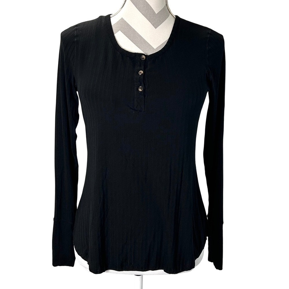 SheBird Black‎ Ribbed Long Sleeve Henley Top Built in Wellness Bra Size 2/small